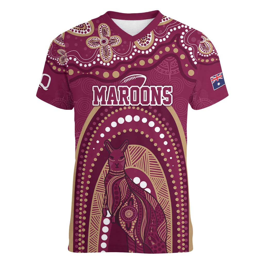 Personalized Australia QLD Rugby Indigenous Series Women V-Neck T-Shirt Maroons Kangaroos