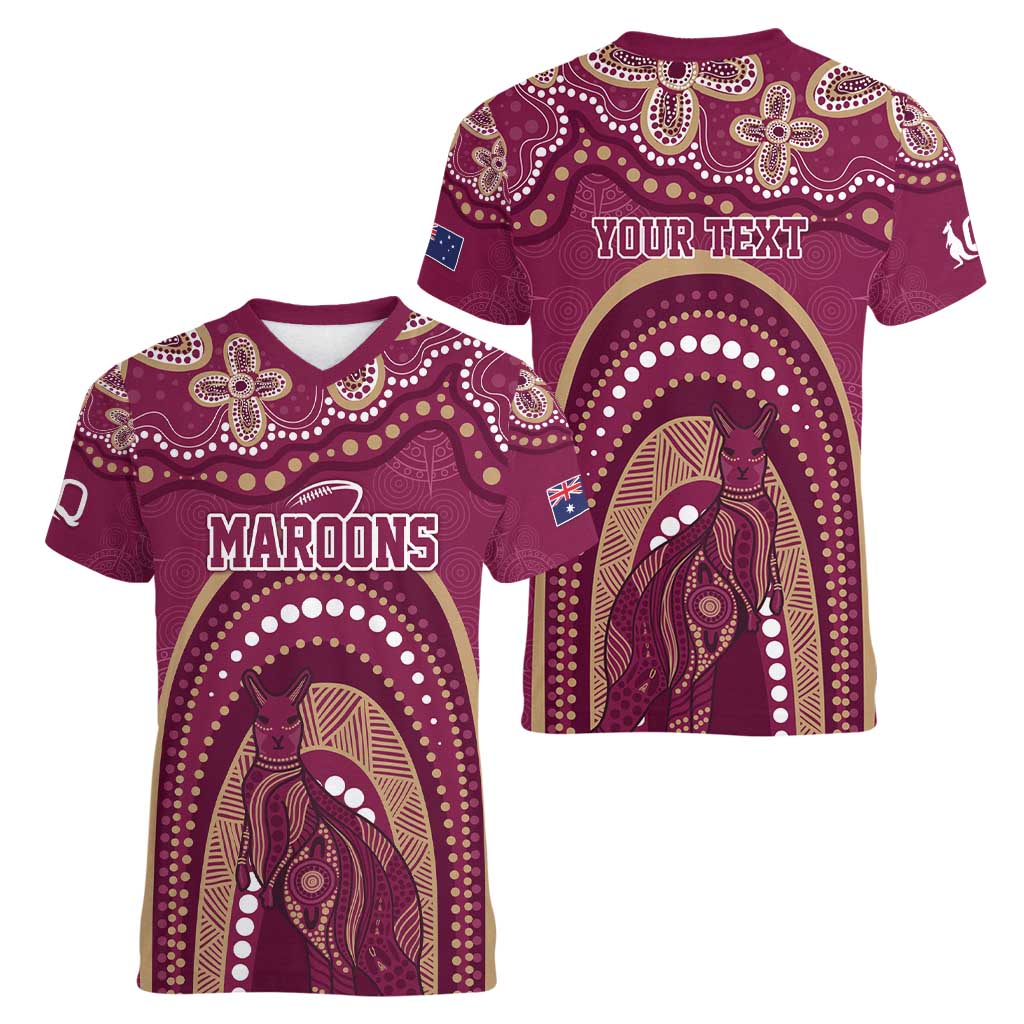 Personalized Australia QLD Rugby Indigenous Series Women V-Neck T-Shirt Maroons Kangaroos
