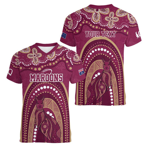 Personalized Australia QLD Rugby Indigenous Series Women V-Neck T-Shirt Maroons Kangaroos