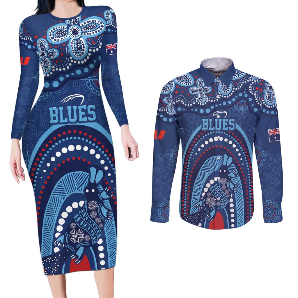 Personalized Australia NSW Rugby Indigenous Series Couples Matching Long Sleeve Bodycon Dress and Long Sleeve Button Shirt Blues Platypus