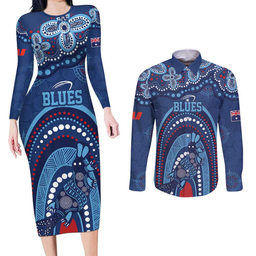 Personalized Australia NSW Rugby Indigenous Series Couples Matching Long Sleeve Bodycon Dress and Long Sleeve Button Shirt Blues Platypus