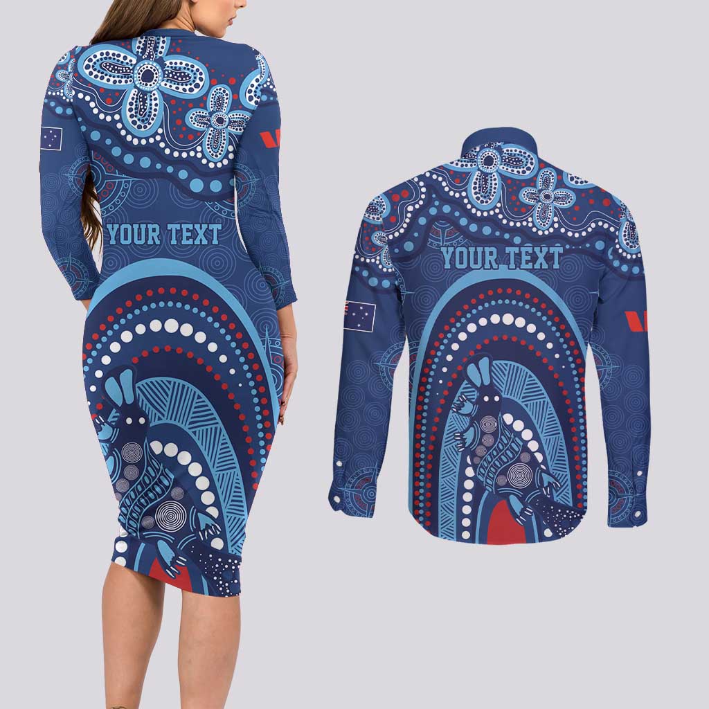 Personalized Australia NSW Rugby Indigenous Series Couples Matching Long Sleeve Bodycon Dress and Long Sleeve Button Shirt Blues Platypus