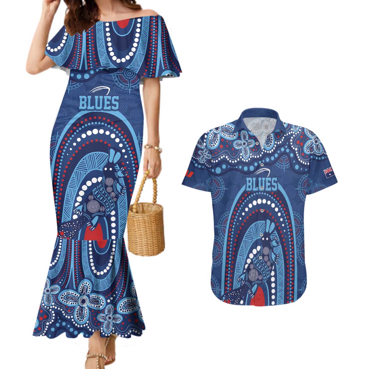 Personalized Australia NSW Rugby Indigenous Series Couples Matching Mermaid Dress and Hawaiian Shirt Blues Platypus