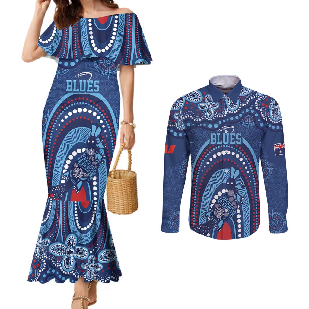 Personalized Australia NSW Rugby Indigenous Series Couples Matching Mermaid Dress and Long Sleeve Button Shirt Blues Platypus