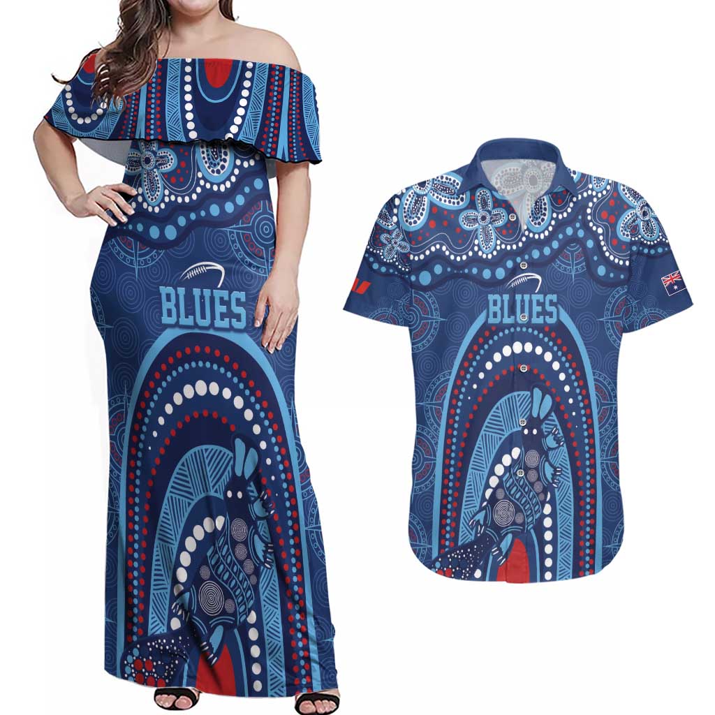 Personalized Australia NSW Rugby Indigenous Series Couples Matching Off Shoulder Maxi Dress and Hawaiian Shirt Blues Platypus