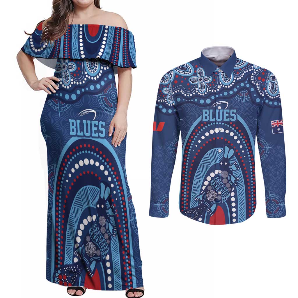Personalized Australia NSW Rugby Indigenous Series Couples Matching Off Shoulder Maxi Dress and Long Sleeve Button Shirt Blues Platypus
