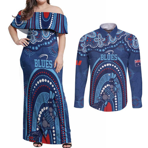 Personalized Australia NSW Rugby Indigenous Series Couples Matching Off Shoulder Maxi Dress and Long Sleeve Button Shirt Blues Platypus