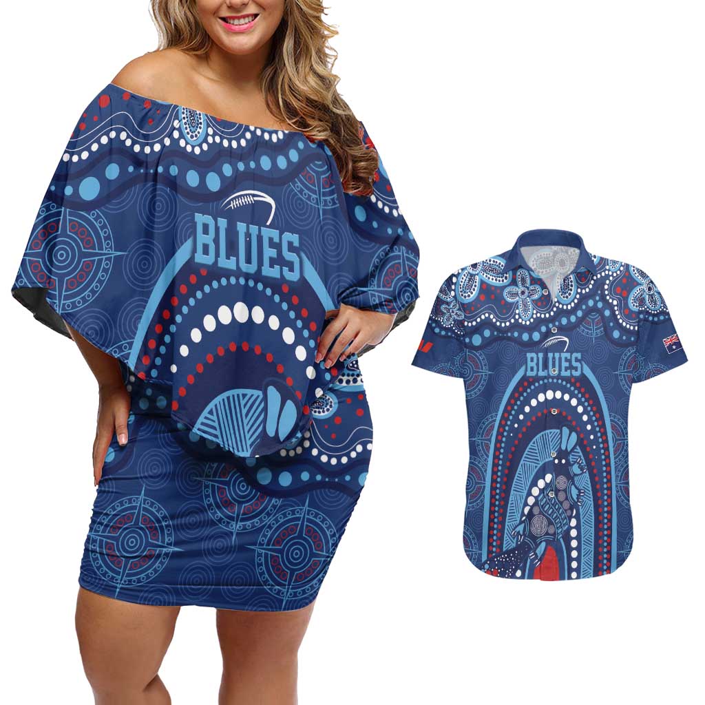 Personalized Australia NSW Rugby Indigenous Series Couples Matching Off Shoulder Short Dress and Hawaiian Shirt Blues Platypus