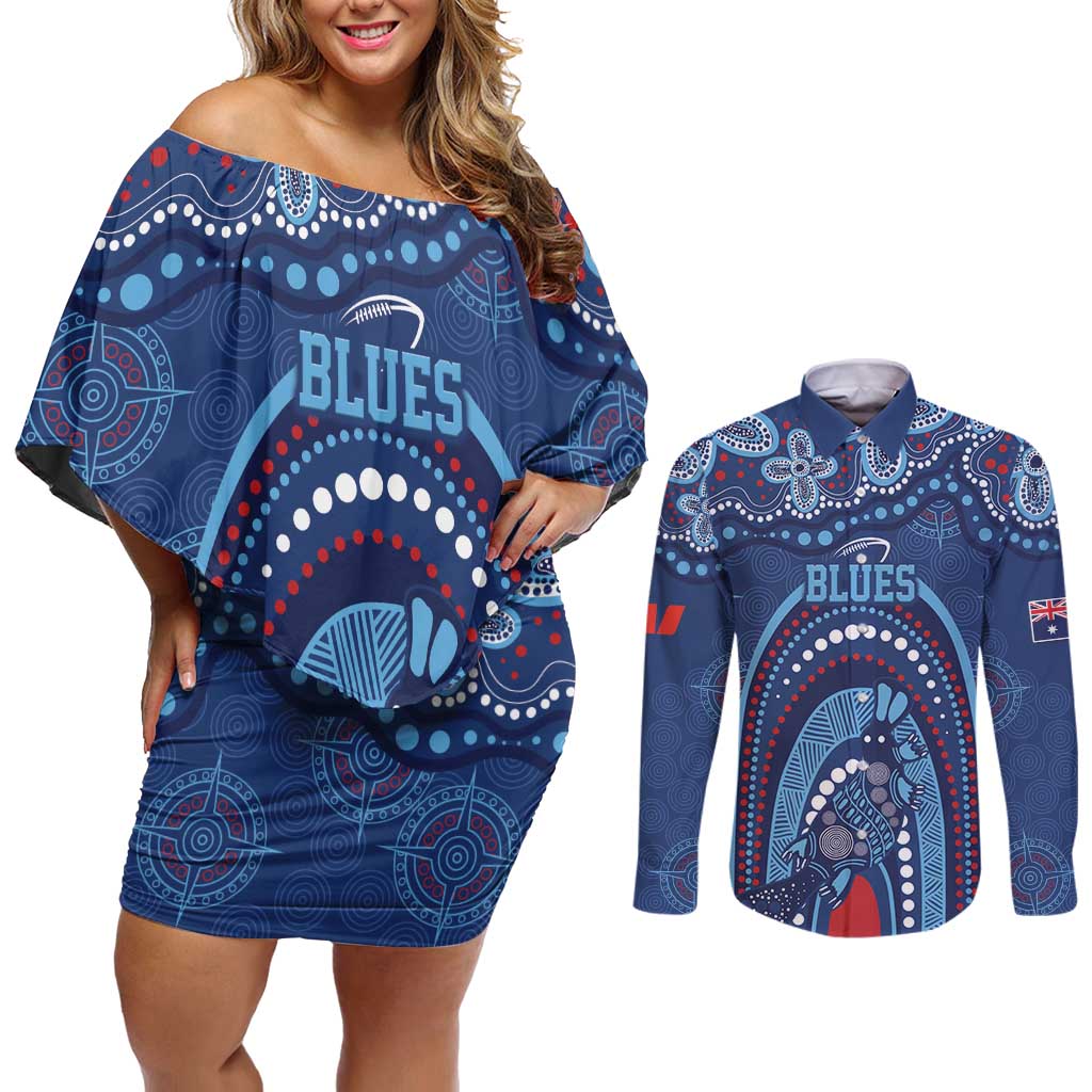 Personalized Australia NSW Rugby Indigenous Series Couples Matching Off Shoulder Short Dress and Long Sleeve Button Shirt Blues Platypus