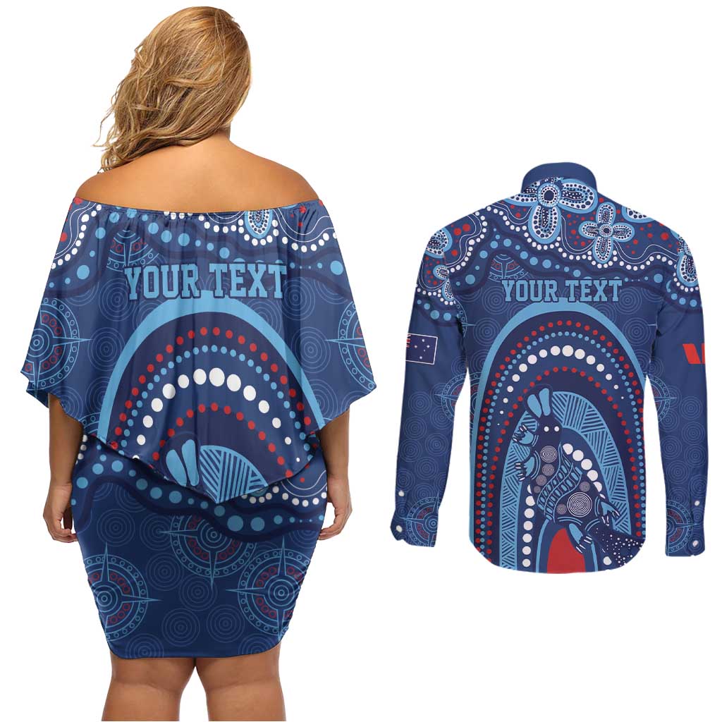 Personalized Australia NSW Rugby Indigenous Series Couples Matching Off Shoulder Short Dress and Long Sleeve Button Shirt Blues Platypus