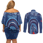 Personalized Australia NSW Rugby Indigenous Series Couples Matching Off Shoulder Short Dress and Long Sleeve Button Shirt Blues Platypus