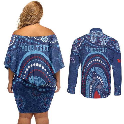 Personalized Australia NSW Rugby Indigenous Series Couples Matching Off Shoulder Short Dress and Long Sleeve Button Shirt Blues Platypus