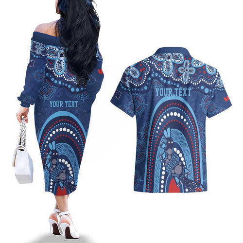 Personalized Australia NSW Rugby Indigenous Series Couples Matching Off The Shoulder Long Sleeve Dress and Hawaiian Shirt Blues Platypus
