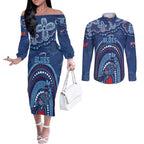 Personalized Australia NSW Rugby Indigenous Series Couples Matching Off The Shoulder Long Sleeve Dress and Long Sleeve Button Shirt Blues Platypus