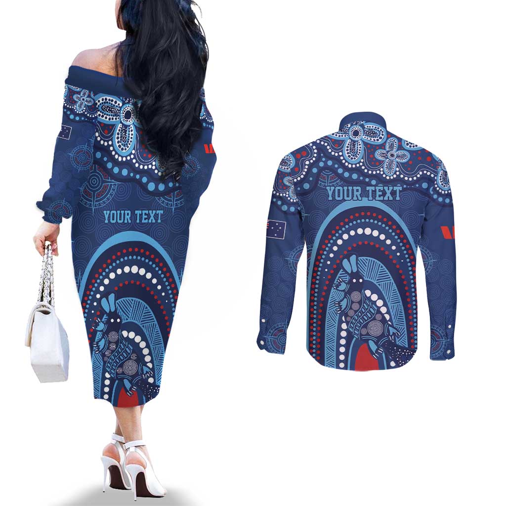 Personalized Australia NSW Rugby Indigenous Series Couples Matching Off The Shoulder Long Sleeve Dress and Long Sleeve Button Shirt Blues Platypus