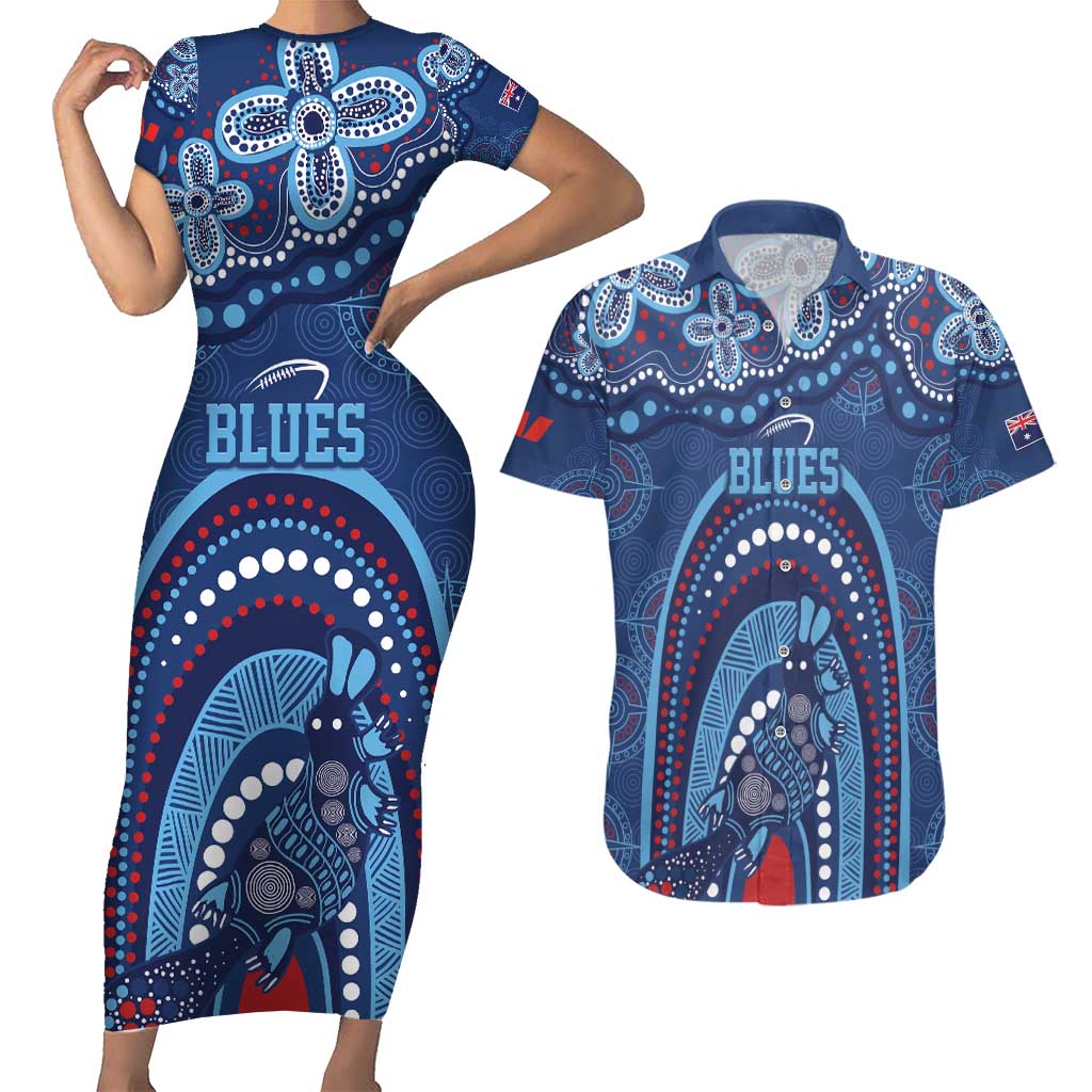 Personalized Australia NSW Rugby Indigenous Series Couples Matching Short Sleeve Bodycon Dress and Hawaiian Shirt Blues Platypus