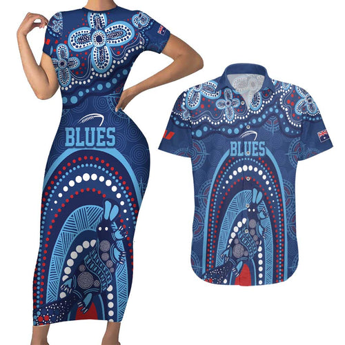 Personalized Australia NSW Rugby Indigenous Series Couples Matching Short Sleeve Bodycon Dress and Hawaiian Shirt Blues Platypus