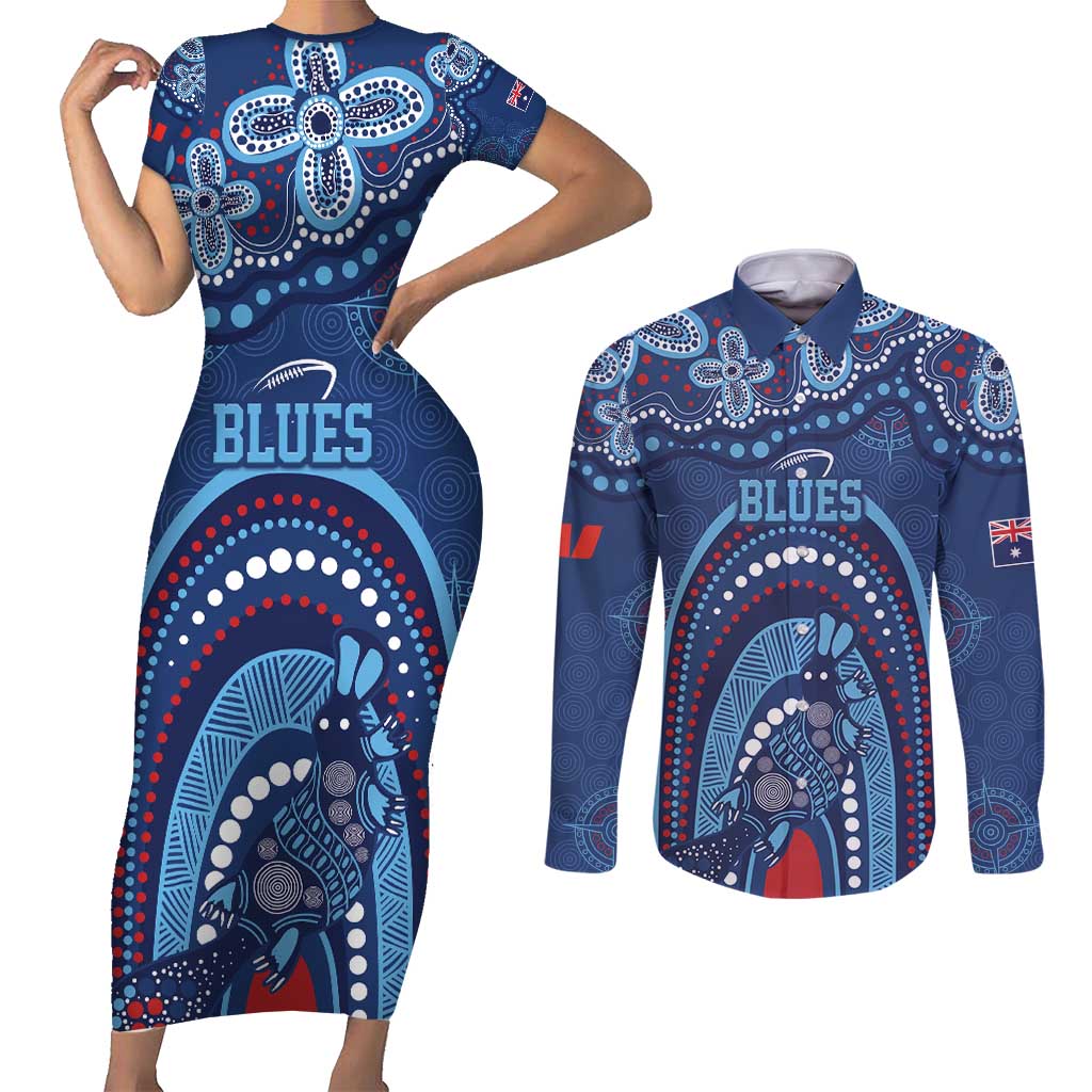 Personalized Australia NSW Rugby Indigenous Series Couples Matching Short Sleeve Bodycon Dress and Long Sleeve Button Shirt Blues Platypus