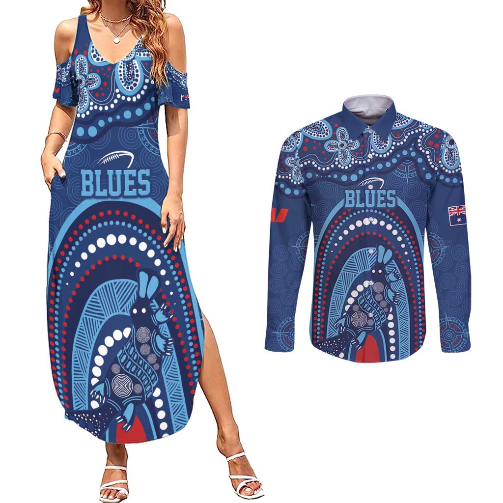 Personalized Australia NSW Rugby Indigenous Series Couples Matching Summer Maxi Dress and Long Sleeve Button Shirt Blues Platypus