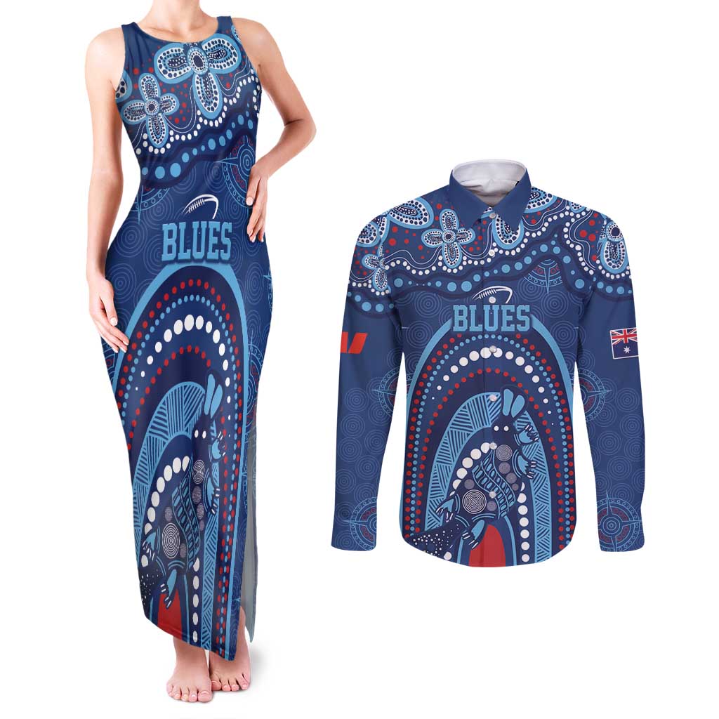 Personalized Australia NSW Rugby Indigenous Series Couples Matching Tank Maxi Dress and Long Sleeve Button Shirt Blues Platypus