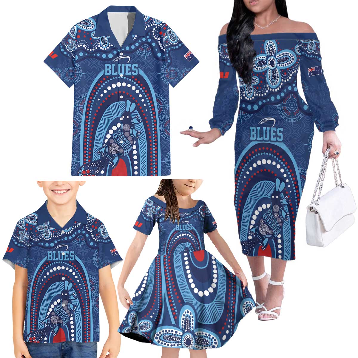 Personalized Australia NSW Rugby Indigenous Series Family Matching Off The Shoulder Long Sleeve Dress and Hawaiian Shirt Blues Platypus