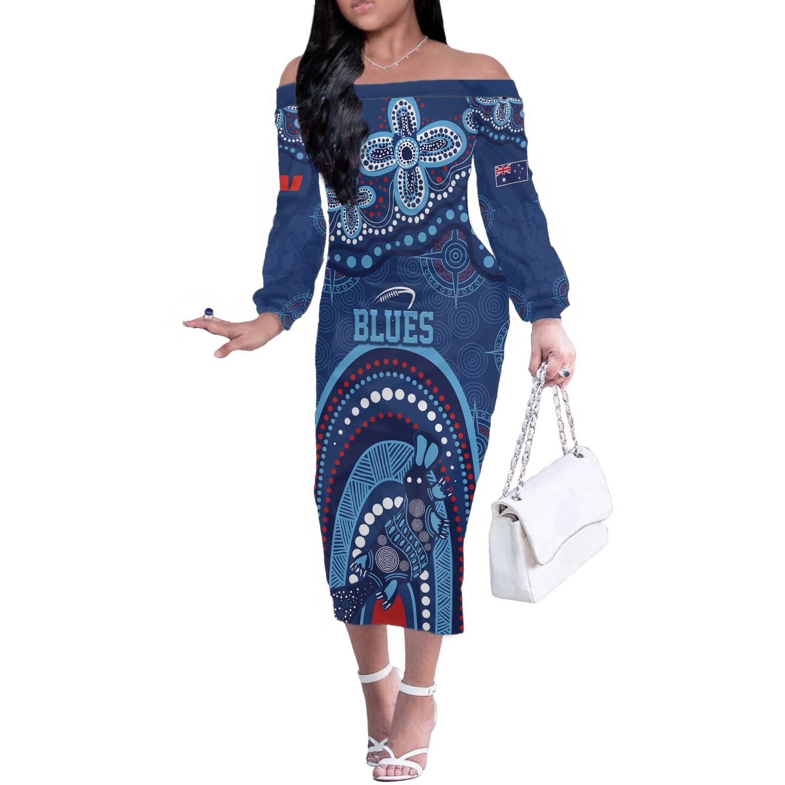 Personalized Australia NSW Rugby Indigenous Series Off The Shoulder Long Sleeve Dress Blues Platypus