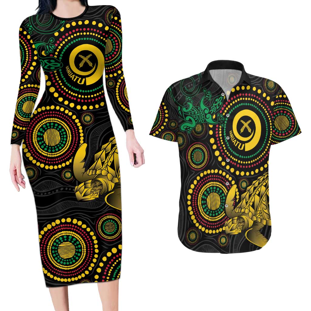 Vanuatu Personalized Aboriginal Arts Couples Matching Long Sleeve Bodycon Dress and Hawaiian Shirt Turtle and Iguana Special - Aussie Hoodie