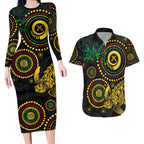 Vanuatu Personalized Aboriginal Arts Couples Matching Long Sleeve Bodycon Dress and Hawaiian Shirt Turtle and Iguana Special - Aussie Hoodie
