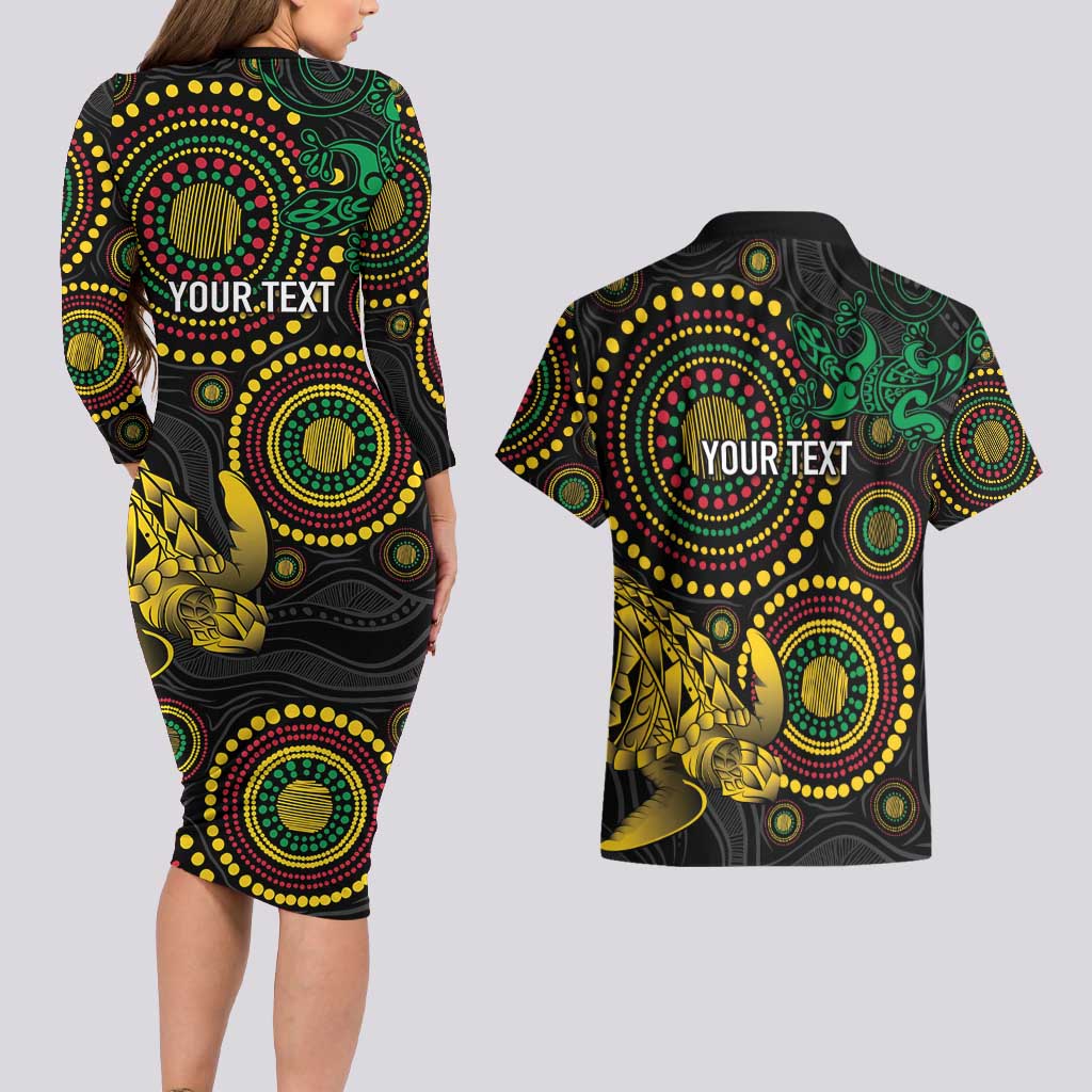 Vanuatu Personalized Aboriginal Arts Couples Matching Long Sleeve Bodycon Dress and Hawaiian Shirt Turtle and Iguana Special - Aussie Hoodie