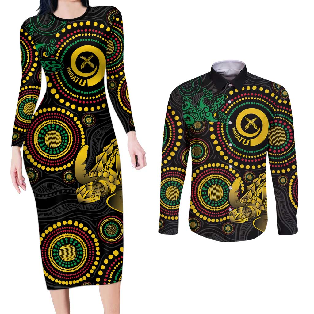 Vanuatu Personalized Aboriginal Arts Couples Matching Long Sleeve Bodycon Dress and Long Sleeve Button Shirt Turtle and Iguana Special - Aussie Hoodie