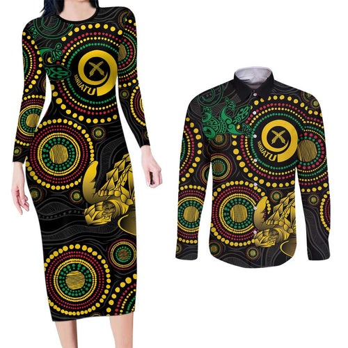 Vanuatu Personalized Aboriginal Arts Couples Matching Long Sleeve Bodycon Dress and Long Sleeve Button Shirt Turtle and Iguana Special - Aussie Hoodie
