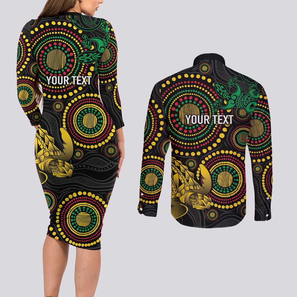 Vanuatu Personalized Aboriginal Arts Couples Matching Long Sleeve Bodycon Dress and Long Sleeve Button Shirt Turtle and Iguana Special - Aussie Hoodie