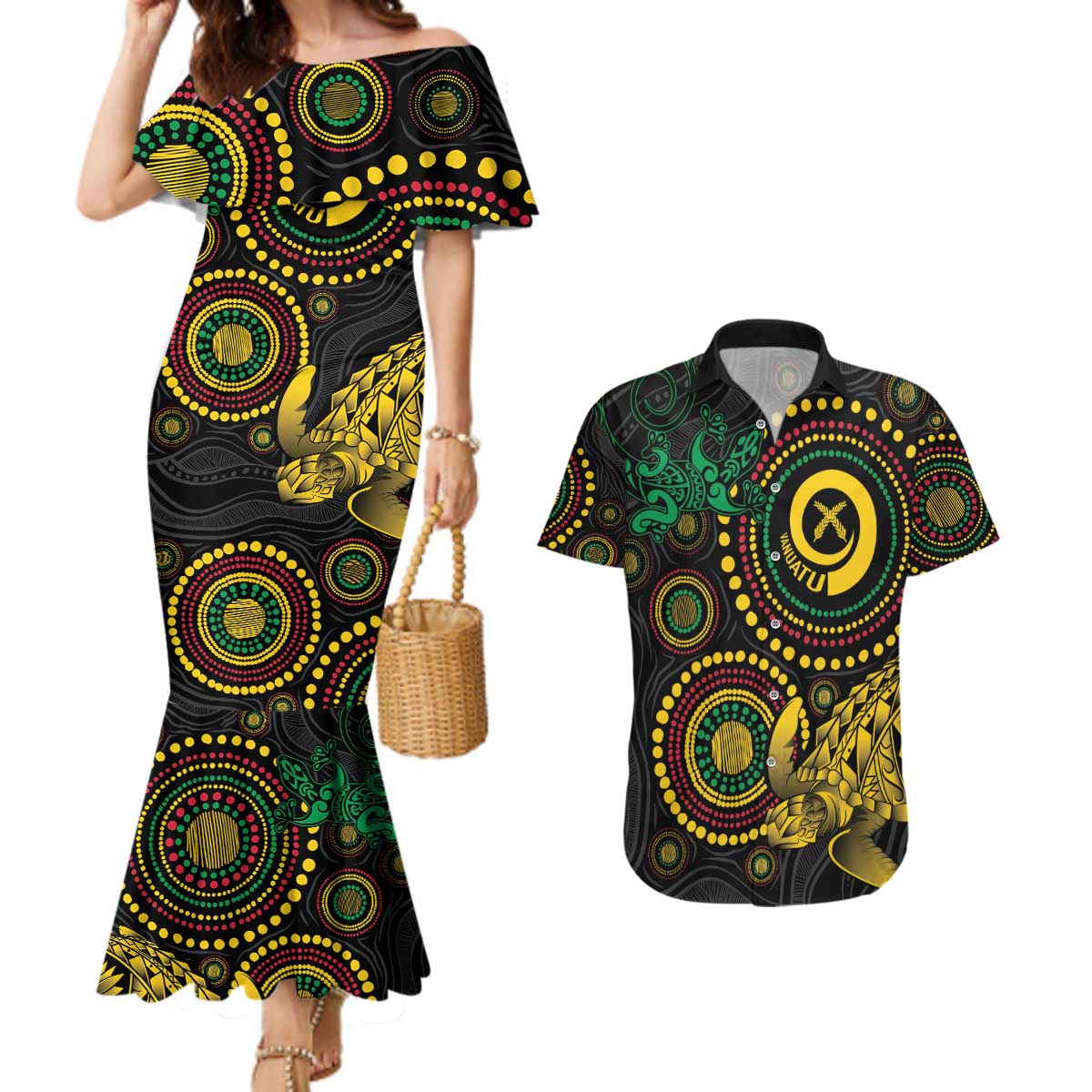 Vanuatu Personalized Aboriginal Arts Couples Matching Mermaid Dress and Hawaiian Shirt Turtle and Iguana Special - Aussie Hoodie