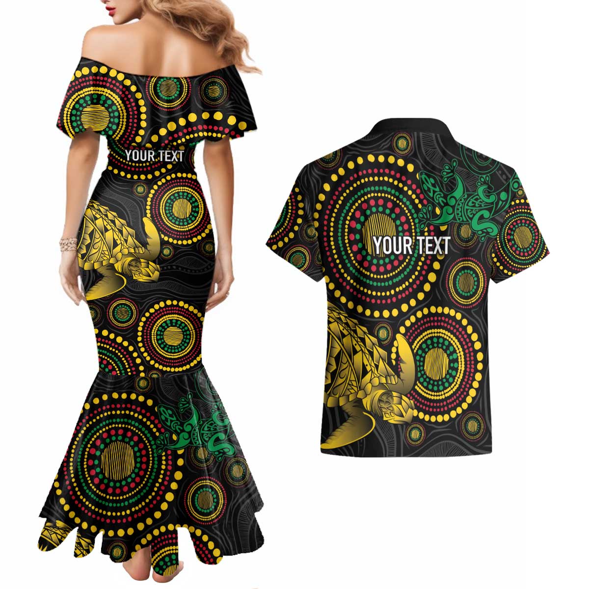 Vanuatu Personalized Aboriginal Arts Couples Matching Mermaid Dress and Hawaiian Shirt Turtle and Iguana Special - Aussie Hoodie