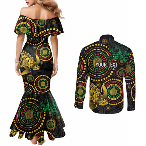 Vanuatu Personalized Aboriginal Arts Couples Matching Mermaid Dress and Long Sleeve Button Shirt Turtle and Iguana Special - Aussie Hoodie