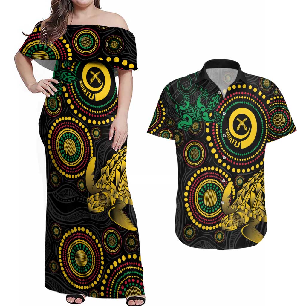 Vanuatu Personalized Aboriginal Arts Couples Matching Off Shoulder Maxi Dress and Hawaiian Shirt Turtle and Iguana Special - Aussie Hoodie