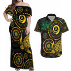 Vanuatu Personalized Aboriginal Arts Couples Matching Off Shoulder Maxi Dress and Hawaiian Shirt Turtle and Iguana Special - Aussie Hoodie