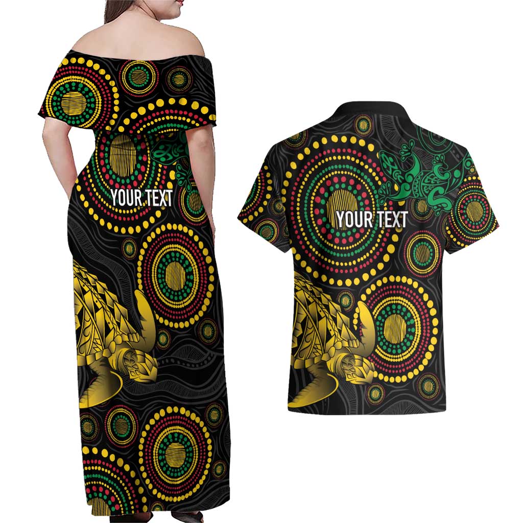 Vanuatu Personalized Aboriginal Arts Couples Matching Off Shoulder Maxi Dress and Hawaiian Shirt Turtle and Iguana Special - Aussie Hoodie