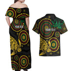 Vanuatu Personalized Aboriginal Arts Couples Matching Off Shoulder Maxi Dress and Hawaiian Shirt Turtle and Iguana Special - Aussie Hoodie