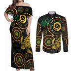 Vanuatu Personalized Aboriginal Arts Couples Matching Off Shoulder Maxi Dress and Long Sleeve Button Shirt Turtle and Iguana Special - Aussie Hoodie