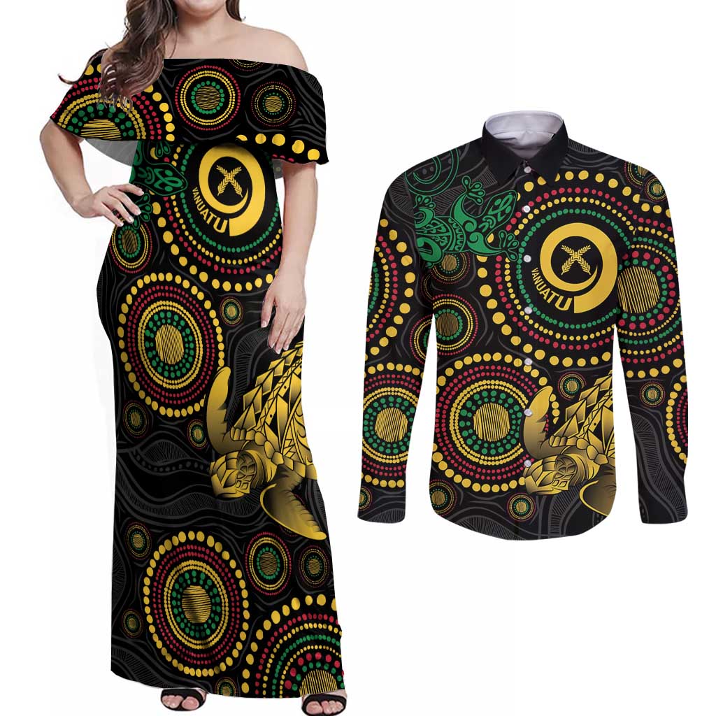 Vanuatu Personalized Aboriginal Arts Couples Matching Off Shoulder Maxi Dress and Long Sleeve Button Shirt Turtle and Iguana Special - Aussie Hoodie