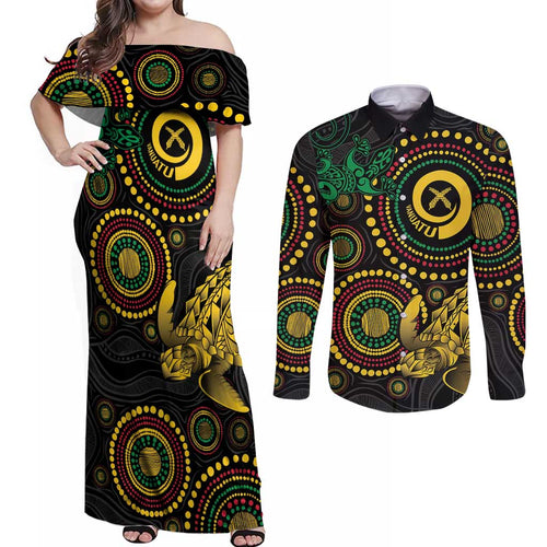 Vanuatu Personalized Aboriginal Arts Couples Matching Off Shoulder Maxi Dress and Long Sleeve Button Shirt Turtle and Iguana Special - Aussie Hoodie
