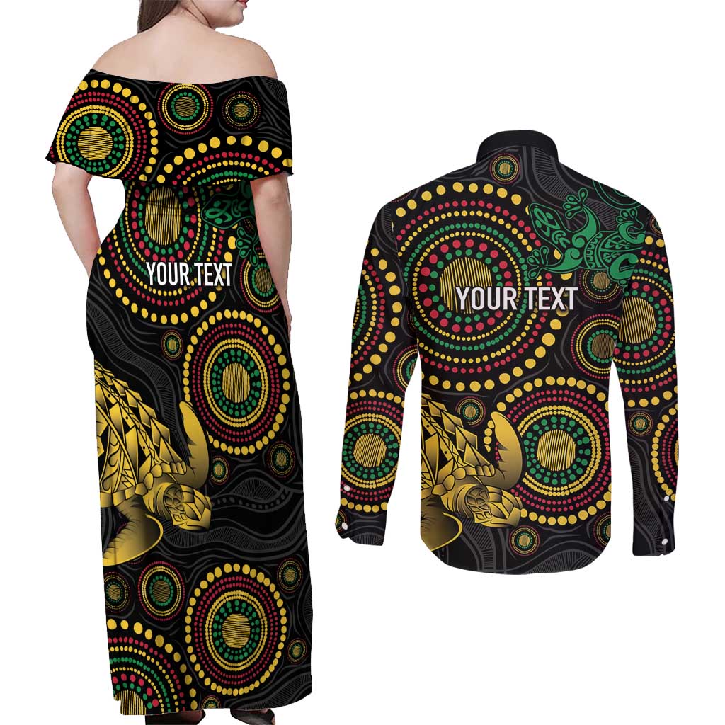 Vanuatu Personalized Aboriginal Arts Couples Matching Off Shoulder Maxi Dress and Long Sleeve Button Shirt Turtle and Iguana Special - Aussie Hoodie