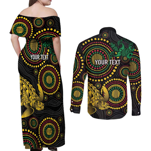 Vanuatu Personalized Aboriginal Arts Couples Matching Off Shoulder Maxi Dress and Long Sleeve Button Shirt Turtle and Iguana Special - Aussie Hoodie