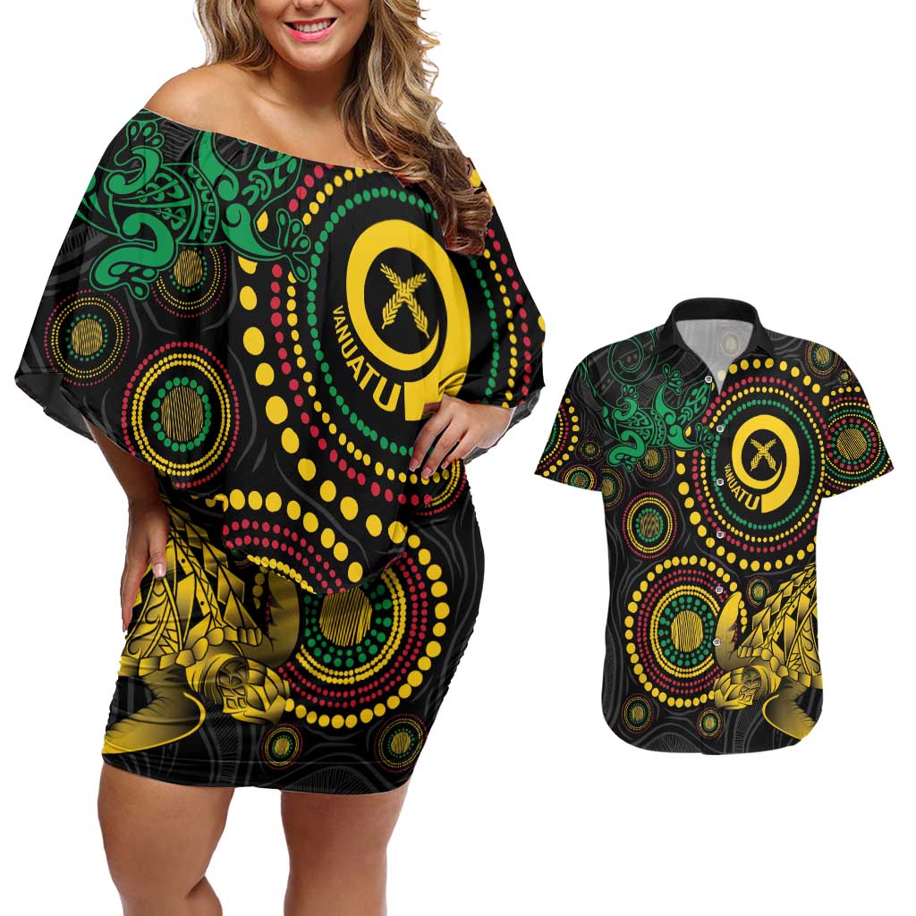 Vanuatu Personalized Aboriginal Arts Couples Matching Off Shoulder Short Dress and Hawaiian Shirt Turtle and Iguana Special - Aussie Hoodie