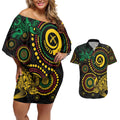 Vanuatu Personalized Aboriginal Arts Couples Matching Off Shoulder Short Dress and Hawaiian Shirt Turtle and Iguana Special - Aussie Hoodie