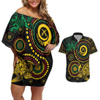 Vanuatu Personalized Aboriginal Arts Couples Matching Off Shoulder Short Dress and Hawaiian Shirt Turtle and Iguana Special - Aussie Hoodie