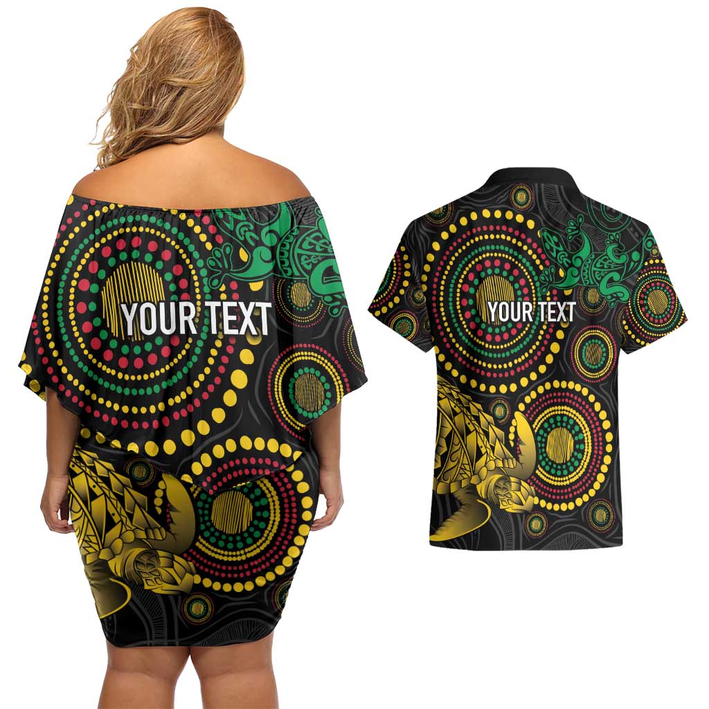Vanuatu Personalized Aboriginal Arts Couples Matching Off Shoulder Short Dress and Hawaiian Shirt Turtle and Iguana Special - Aussie Hoodie