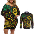 Vanuatu Personalized Aboriginal Arts Couples Matching Off Shoulder Short Dress and Long Sleeve Button Shirt Turtle and Iguana Special - Aussie Hoodie
