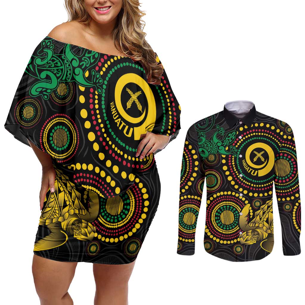 Vanuatu Personalized Aboriginal Arts Couples Matching Off Shoulder Short Dress and Long Sleeve Button Shirt Turtle and Iguana Special - Aussie Hoodie